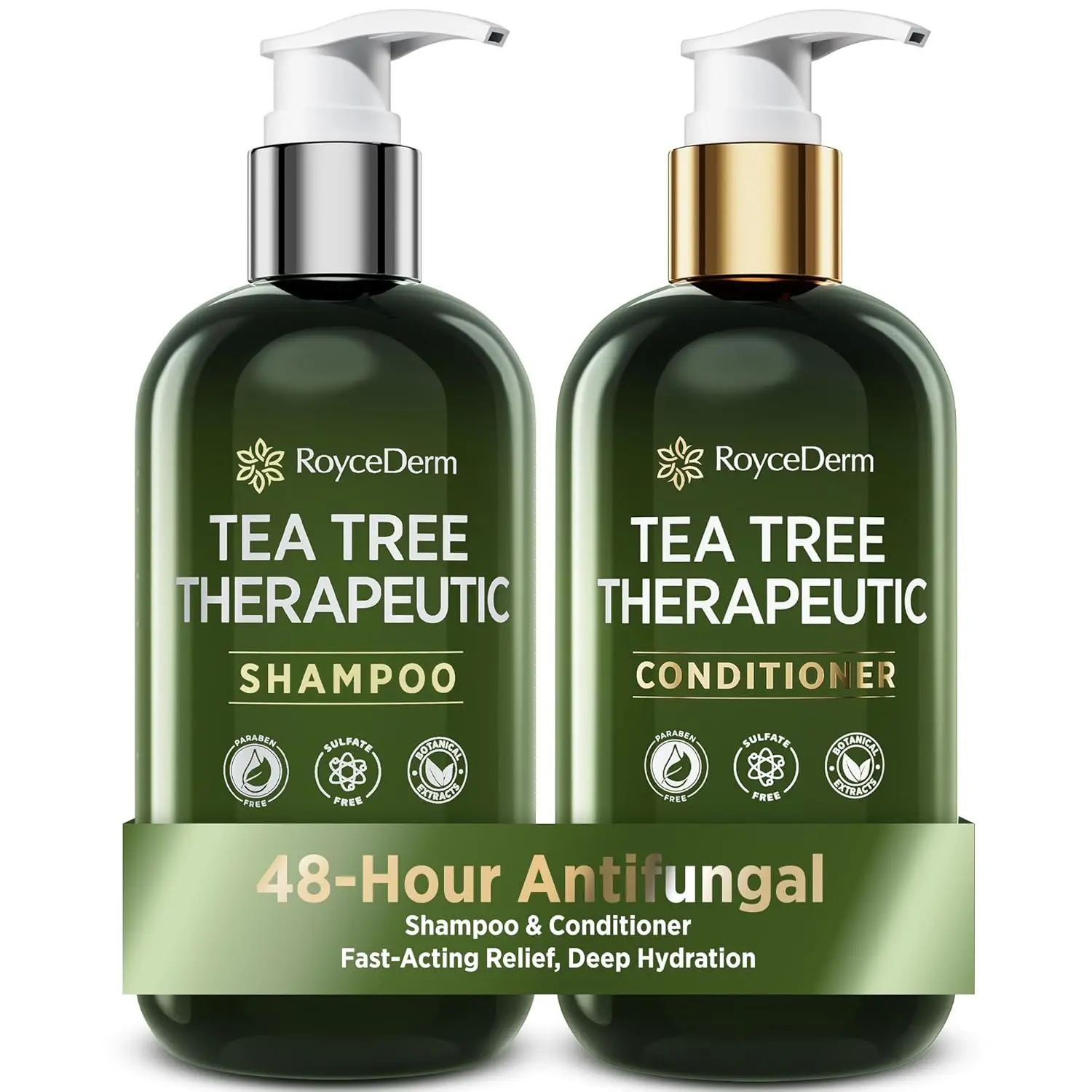 Roycederm Tea Tree Therapeutic Haircare Set - Dandruff Shampoo, Cleanser & Conditioner, 48-Hour Antifungal Fungus Treatment, Hair Growth & Folliculitis Shampoo, Sulfate-Free, Paraben-Free for Adult Dry Itchy Scalp (Any Hair Type)