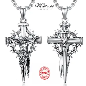 MEIDERBO Jewelry Thorn Cross Jesus Necklace 925 Sterling Silver Cross Pendant Christian Jewelry Men's Gift Fall Fashion Fall Gifts 22+2 Inch