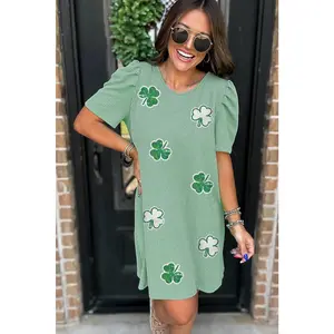 Mint Green Sequin Clover Graphic Puff Sleeve Corded T Shirt Dress
