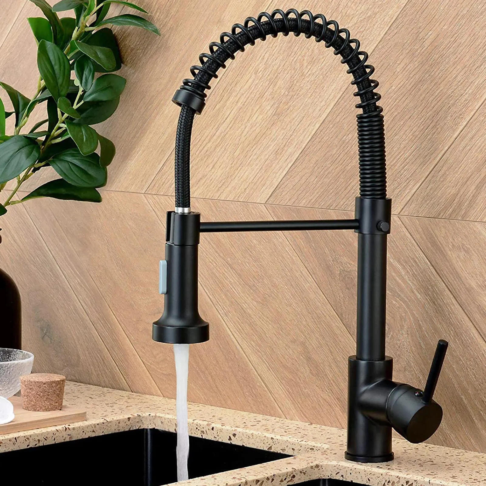 Modern Spring Kitchen Faucet with Pull Down Sprayer, Single Handle Kitchen Sink Faucet Matte Black Stainless Steel High Arc Single Hole Kitchen Faucets for Pot Filler, Farmhouse RV Bar Laundry