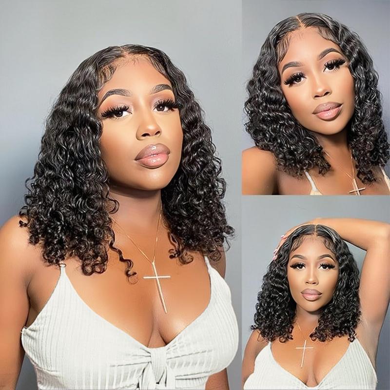 Deep Wave BOB Wig Human Hair 4x4 HD Curly BOB Lace Front Wigs Human Hair Pre Plucked Wear And Go Glueless Short Curly Frontal BOB Wigs For Black Women Wet And Wavy