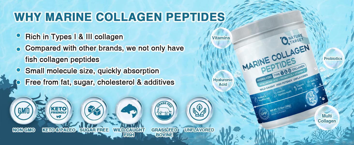 Nature Target Marine Collagen Peptides Powder – Wild Caught, Type I & III, Hydrolyzed, 18 Amino Acids – Skin, Hair & Nail Support – Non-GMO, Gluten-Free, 12.35oz Proteins Nutrition Vitamins Probiotics  Healthcare Edible Supplement Fitness Beauty
