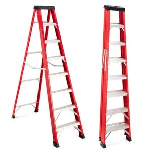 Professional 3/5/7-Step Fiberglass Step Ladder with Tool Tray, Heavy Duty Non-Conductive Folding Ladder, Red Insulated A-Frame Ladder for Electricians & Home