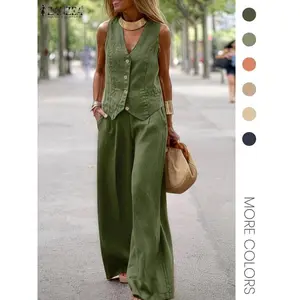 Women's Solid Color Tank Top & Wide Leg Pants Set, Casual Sleeveless V Neck Top & Trousers for Daily Wear, Ladies Clothes for All Seasons, Office Siren Outfits（gift）Gift