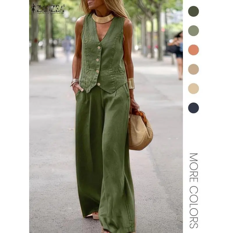 Women's Solid Color Tank & Wide Leg Pants Set, Casual Sleeveless V Neck & Trousers for Daily Wear, Ladies Clothes for All Seasons, Office Siren Outfits(gift)Gift