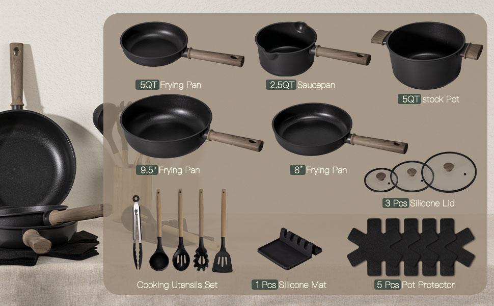 Astercook 18-Piece Non-Stick Pots & Pans Set Induction Compatible Cookware with Wooden Handles for Everyday Home Cooking
