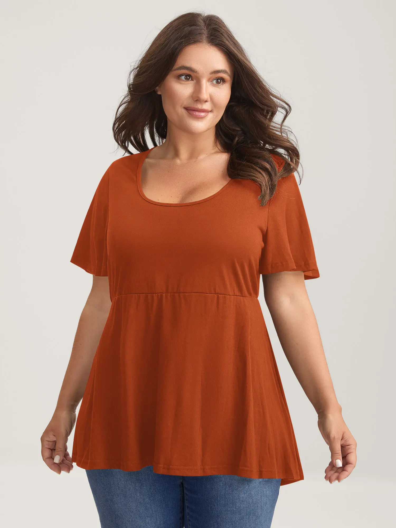 Plus Size Women Peplum Babydoll Top – Asymmetric Ruffle Sleeve Flowy Blouse, Soft Stretch Casual Summer Basic Top, Flattering Fit, U-Neck, Medium Stretch Basic Cute Blouse,M-6X,Summerfinds,back to school,back to school shopping
