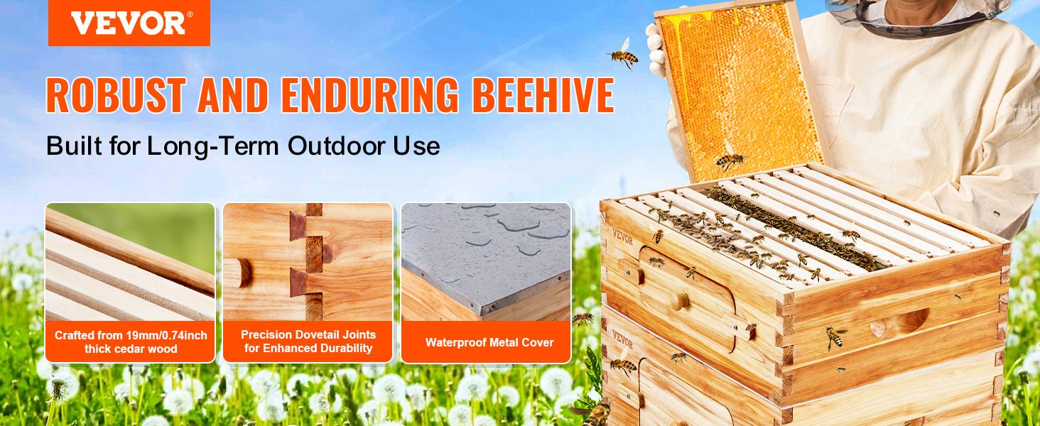 VEVOR Bee Hive 40 Frame Bee Hives Starter Kit,  Beeswax Coated Cedar Wood, 2 Deep + 2 Medium Bee Boxes Langstroth Beehive Kit, Transparent Acrylic Windows with Foundations for Beginners Pro Beekeepers