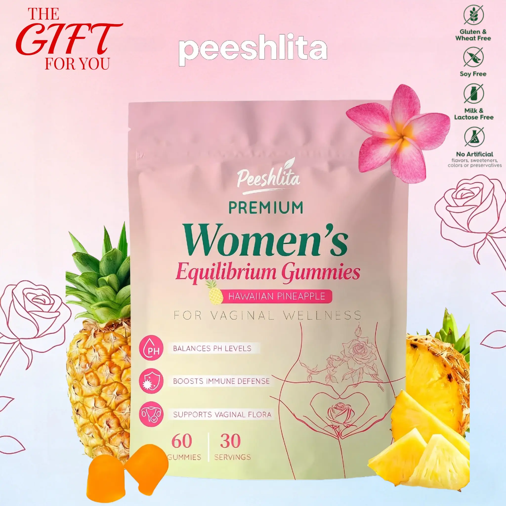 Peeshlita CORE Probiotic Chewable Vitamin Supplement for Women, Feminine pH Balance Support, Gut Health, Vitality, Hawaiian Pineapple Flavor, Third-Party Lab Tested, Plant-Based, Dairy-Free, Valentine's Day Gift
