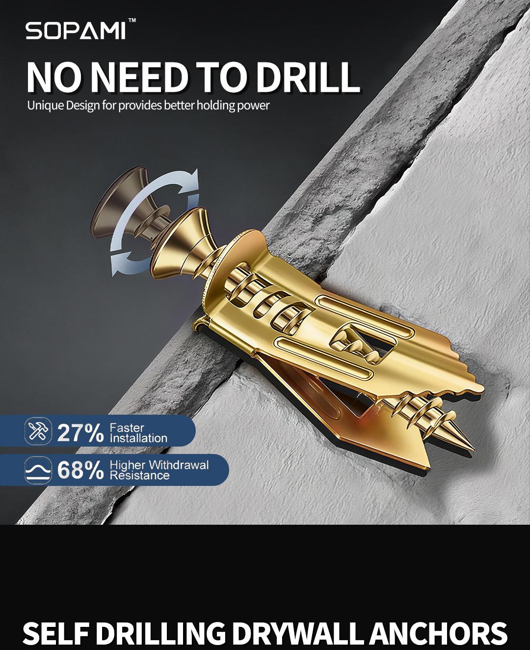 SOPAMI 80pcs Heavy Duty Self-Drilling Wall Anchor Kit No Drill Needed with Hooks & Brackets for Home Office Use Secure Stable Setup