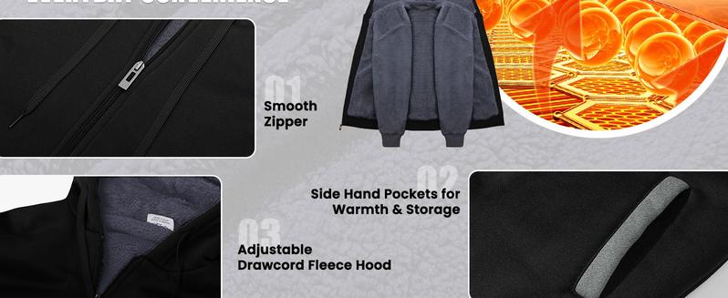 ZITY Men’s Sherpa-Lined Full-Zip Hoodie – Heavyweight Thermal Fleece Winter Jacket (Black/Gray)