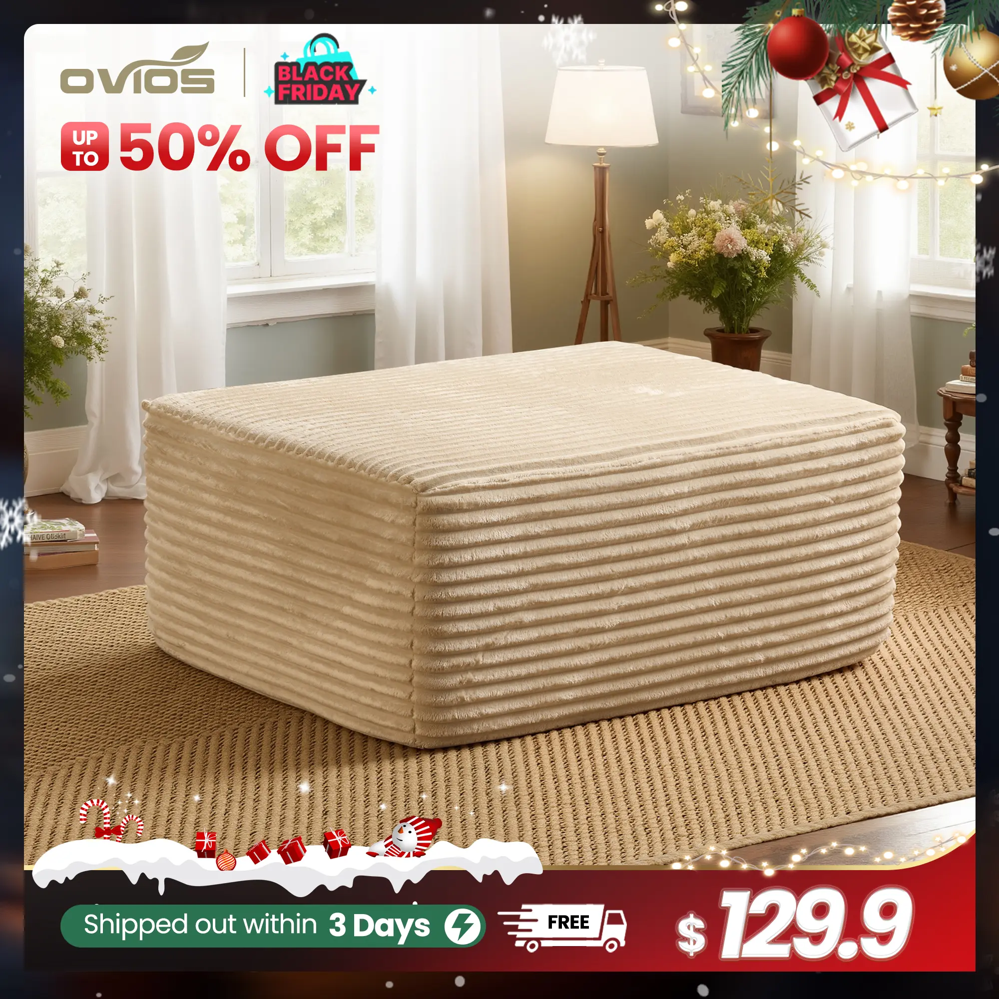 【Summerfinds】Ovios 37" Plush Corduroy Cloud Velvet Boneless Ottoman for Sofa Couch, Ottoman Foot Rest, End of Bed Bench, Storage Chest, Load 660 lb, for Living Room, Bedroom, Entryway