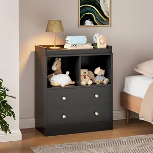 Baby Dresser With Changing Table Top, 2 Drawer Nursery & Changing Station With Changing Pad, Sturdy Wooden Baby Changing Table Dresser for Nursery,31.5" W x 17.7" D x 37" H,Black