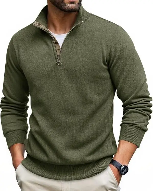 Runcati Mens Quarter Zip Pullover Sweater Lightweight Mock Neck Slim Fit Pullover Knit Casual Polo Sweaters