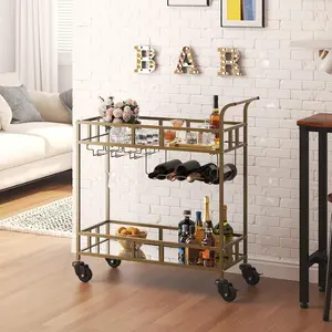 2-Tier Rolling Bar Cart with Mirrored Shelves & Wine Storage – Gold Portable Drink Cart with Wheels, Glass Racks, Bottle Holder – Compact Metal Bar Table for Home, Dining Room, Apartment, Party