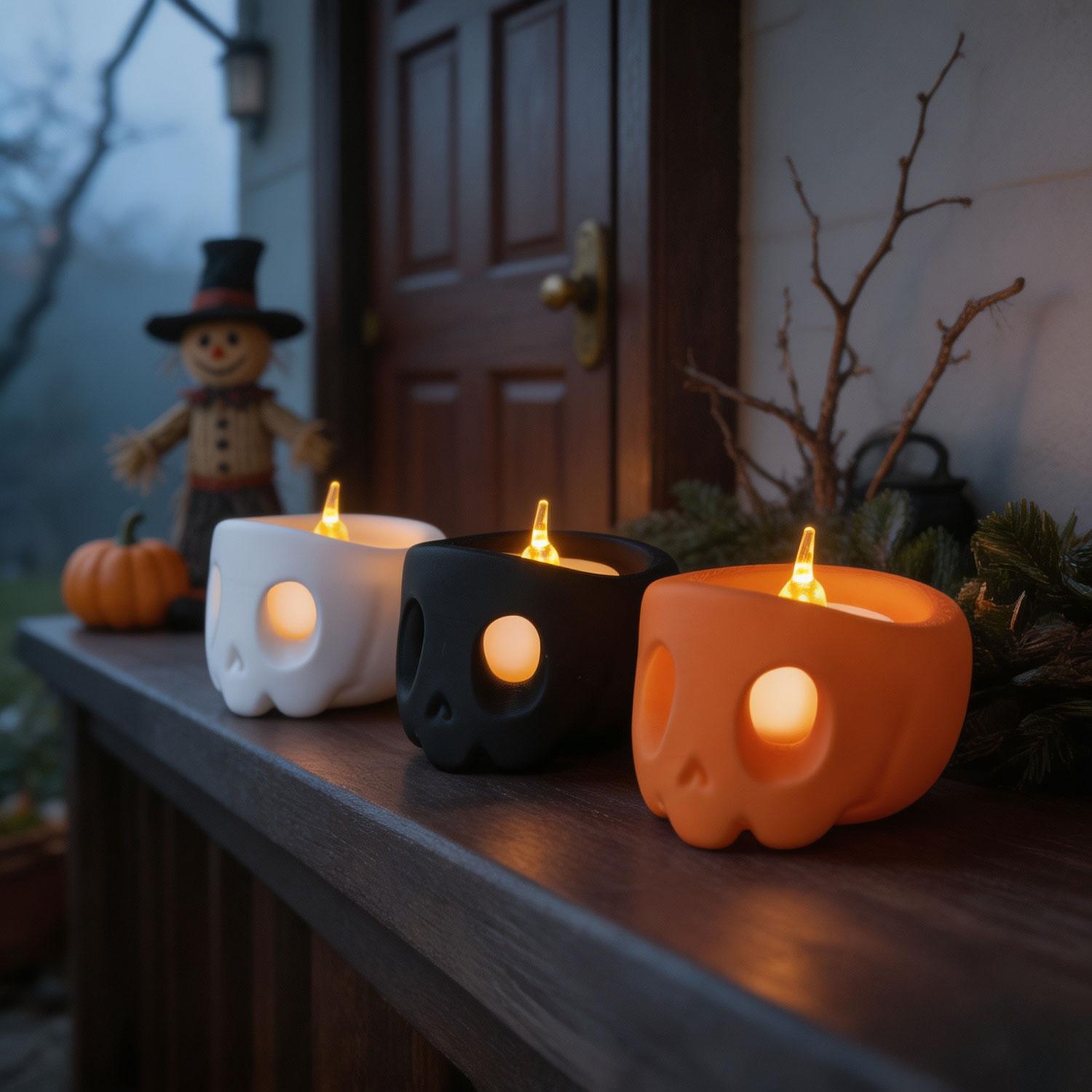 3D Printed Skull Tealight Candle Holder Set, Halloween Spooky Skeleton Candle Holders, Gothic Home Table Decor for Halloween Party Decoration