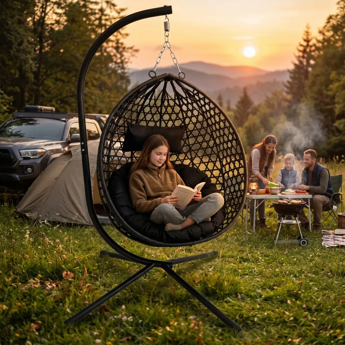 Foldable Hanging Egg Swing Chair with Stand, HDPE Rattan Wicker Swing Chair with Cushion, Heavy-Duty Frame, 350 Lbs Capacity for Outdoor Patio, Indoor Bedroom, Egg Swing Chairs