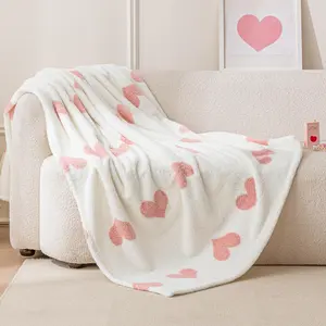 DUJO Valentine's gift Basics Fleece Throw Blanket, Reversible Decorative Hearted Pattern for The Bed, Couch and Sofa, 50" W × 60" L, Pink Heart