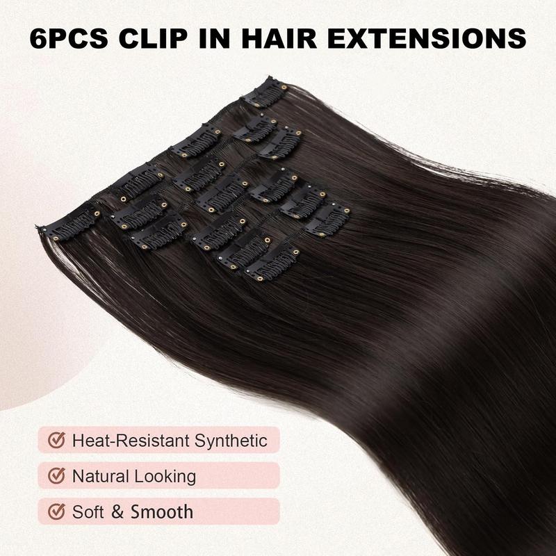 Clip in Hair Extensions Straight 24 Inch Long Invisible Synthetic Extension 6PCS Thick Fake Heat Resistant Clips on Hairpieces for Women Weddings Party Daily Use 5.29 Oz full head coverage instant volume synthetic hairpiece