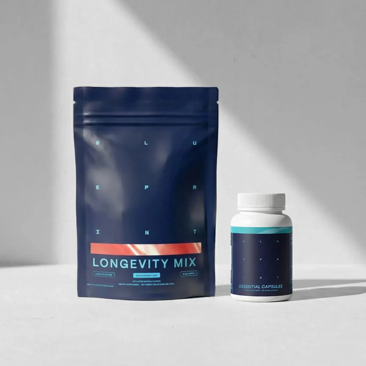 Blueprint Easy Stack Longevity Mix + Essential Capsules Supplement Stack - GMO-Free, Dairy-Free Dietary Supplement with Magnesium Glycinate, L-Theanine, Zinc, Vitamin C, Creatine Monohydrate, Nicotinamide Riboside, Metabolism, Brain & Gut Support, Non-Gmo