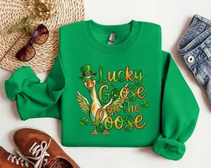 Lucky Goose on the Loose Sweatshirt/Hoodie/T-Shirt, Funny St. Patrick’s Day Goose Shirt, Irish Shamrock Leprechaun Hat Graphic Tee, Cute St Paddy’s Day Top, For Men and For Women