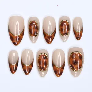Tortoiseshell Press on Nails, Nude Brown Marble With Gold Outline, Short Almond Fake Nails, Handmade Nail Art for Everyday Wear