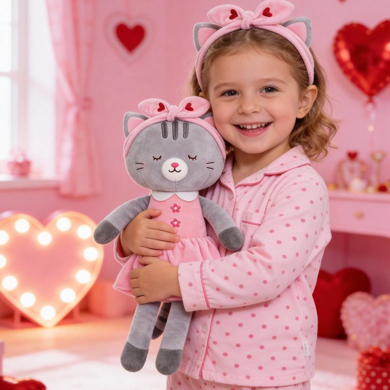 Valentine Gift Plush Cat Doll Soft 15'' Stuffed Animal Toy for Baby Girls, Adorable Holiday Gift for Xmas and Birthday, Valentine Gift for Kids Cozy Cuddle Toy for Kids