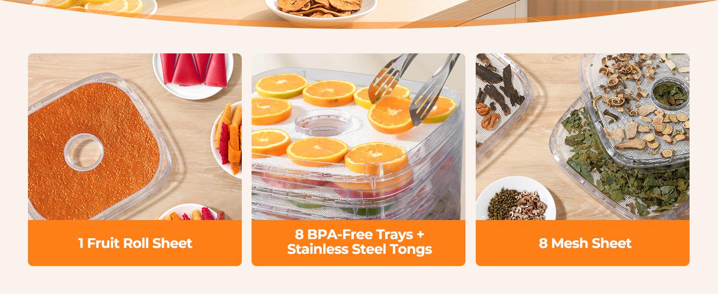 OSTBA 8-Tray Food Dehydrator, 72H Timer & Temp Control up to 158℉, Includes 8 Mesh Sheets, 1 Fruit Roll Tray, 1 Tongs, Recipe Book for Jerky, Fruit, Meat, Vegetables, Herbs, BPA-Free