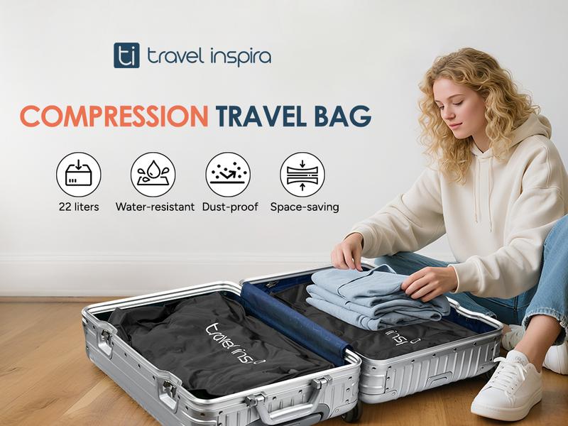 travel inspira Ultra-Durable Nylon 22L Vacuum Travel Bags with Pump,Space Saver, Organizer for Suitcases & Backpacks, Reusable, Lightweight, IP67 Airtight Zipper Seal,2-Bags Set,Storage Bag for Outdoor