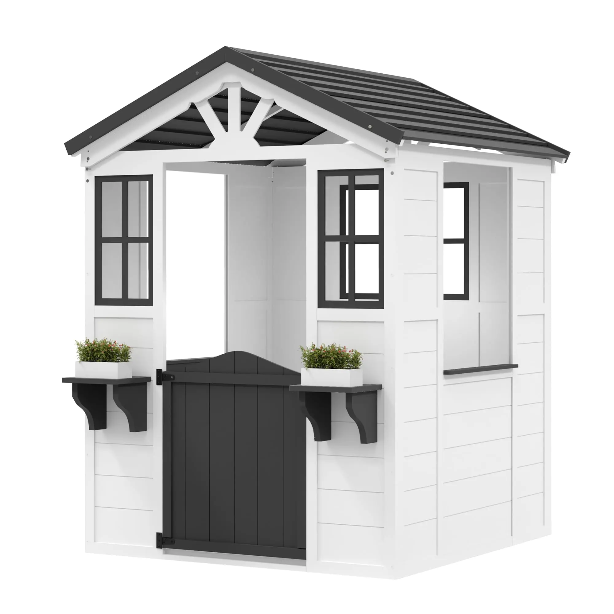 GAOMON Pre-Stained Cedar Wooden Kids Playhouse with Play Kitchen, Water-Resistant Vinyl Roof - Backyard Outdoor Cottage, Decay-Resistant Playhouse for Toddlers, White (Fosters Vital Social Skills)
