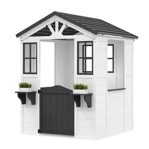 GAOMON Cedar Wooden Kids Playhouse with Play Kitchen, Wooden Adventures Cottage for Backyard, Outdoor Toddler Playhouse for Kids with Vinyl Roof,White