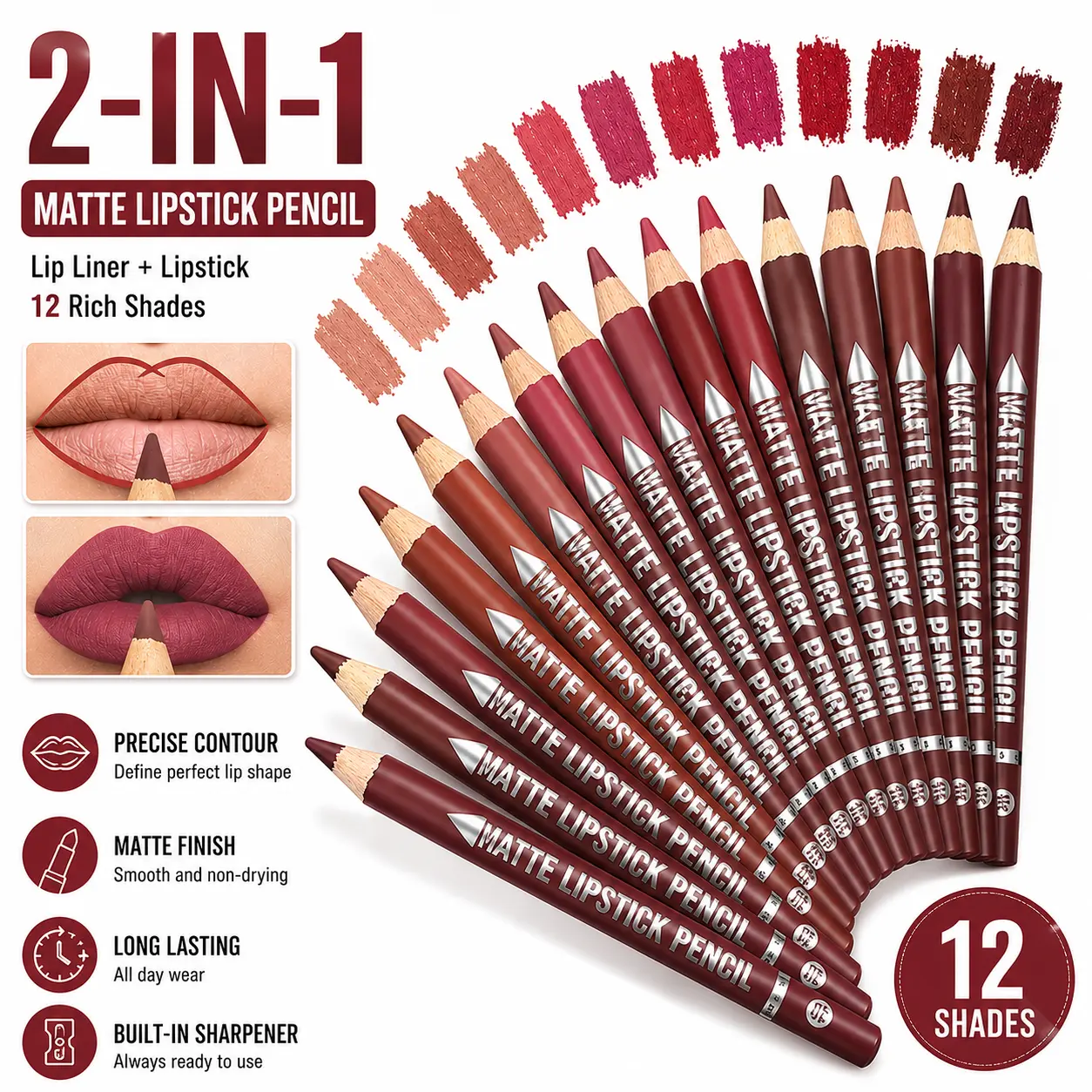 DUOMIGIRL 12Pcs Matte Lip Liner Pencil Set with Sharpener for Daily Makeup Date Night Work Travel and Party Precise Lip Contouring Smooth Application Long Lasting Lip Makeup