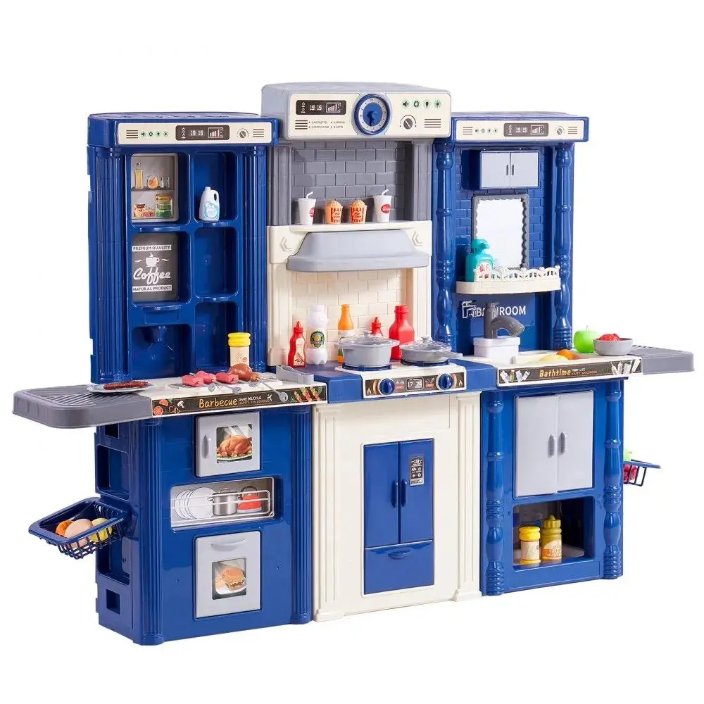 【SummerFinds】VEVOR Kids Kitchen Playset, 3-in-1 Toddler Kitchen with Simulated Spray, Sounds and Lights, Play Kitchen Set with 74 PCS Cooking Accessory Set for Toddlers, Preschoolers, Children Ages 3-8, Blue