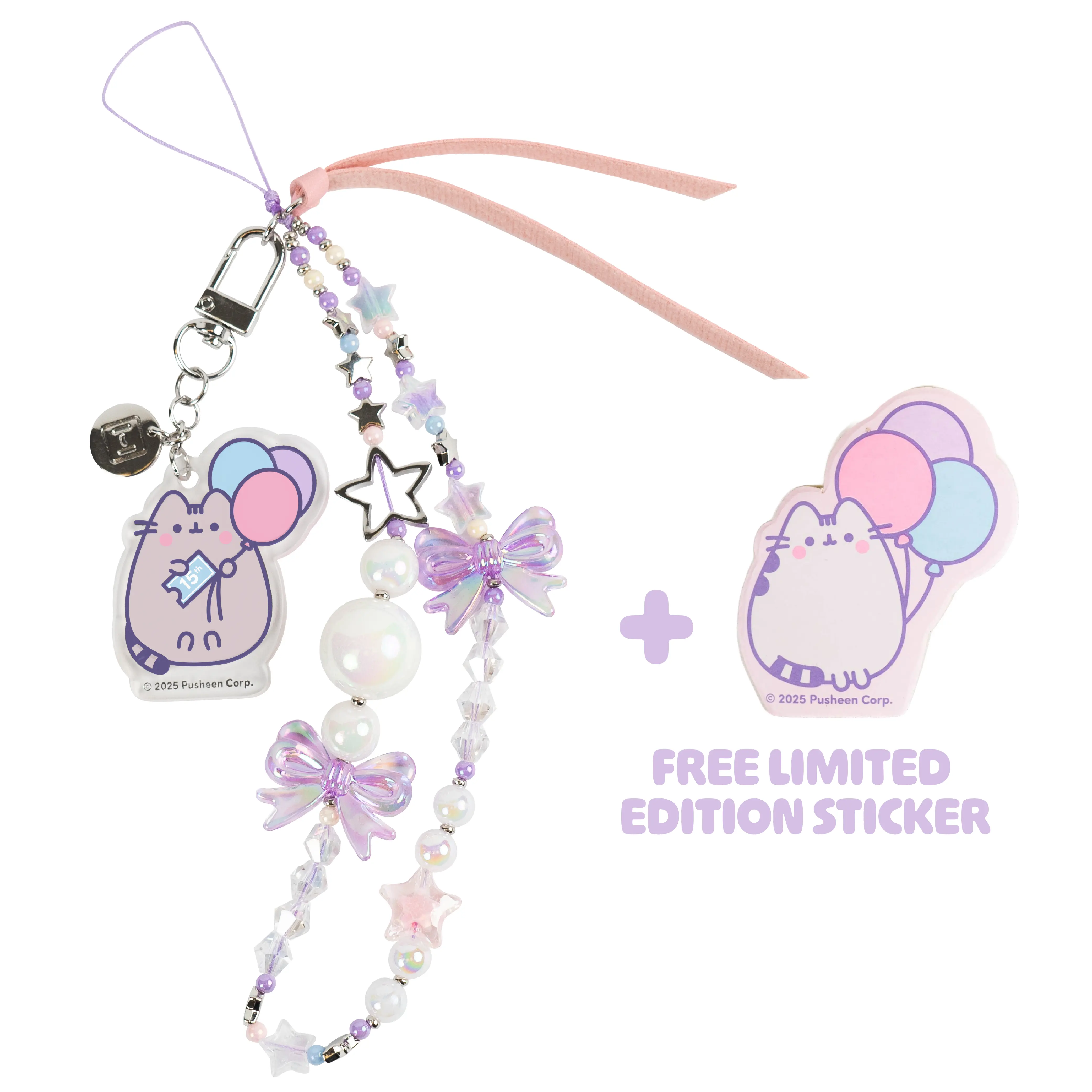 Pusheen the Cat 15th Anniversary [Special Limited Edition] Beaded Strap with Detachable Keychain & Free Sticker - Phone Charm Accessory Cute Chain Lanyard Aesthetic Decor Y2K for Bag Airpods Camera Pendants Smartphone