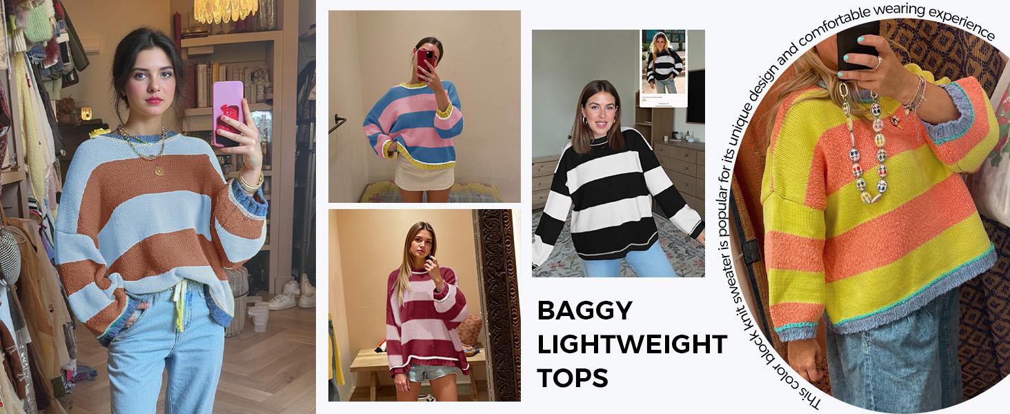 FISOEW Womens Oversized Sweaters Casual Long Sleeve Color Block Crewneck Knitted Loose Fall Pullover Tops Womenswear Knitwear Fit Comfy #TikTokShopHolidayHaul Soft Overall Everyday SpringStatements