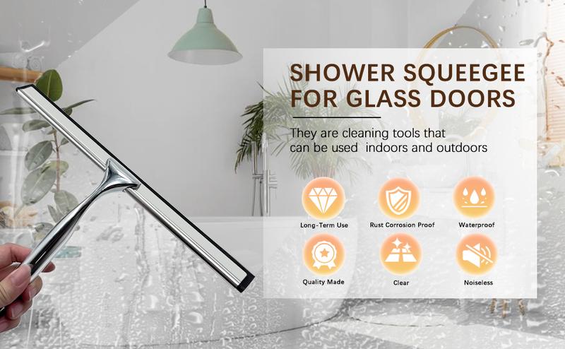 Shower Squeegee for Glass Doors, Stainless Steel Squeegee for Shower Glass with Adhesive Hook, 10’’ Multi-Purpose Window Squeegee for Window Cleaning, Bathroom, Glass, Car Windows, Mirrors, Tiles