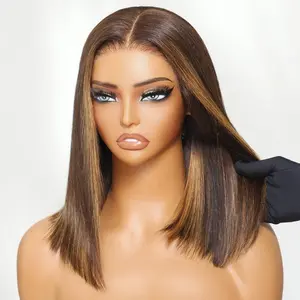 【LIVE Only】12'' Sunber Mocha Brown Highlight Bob Wig with Caramel Highlights 7x5 Bye Bye Knots Wig Glueless Human Hair Wigs