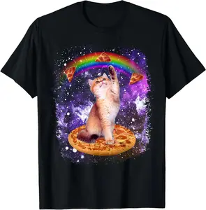 100% Cotton Space Cat Pizza Rainbow Cat Galaxy Cute Kitty In Space T-Shirt