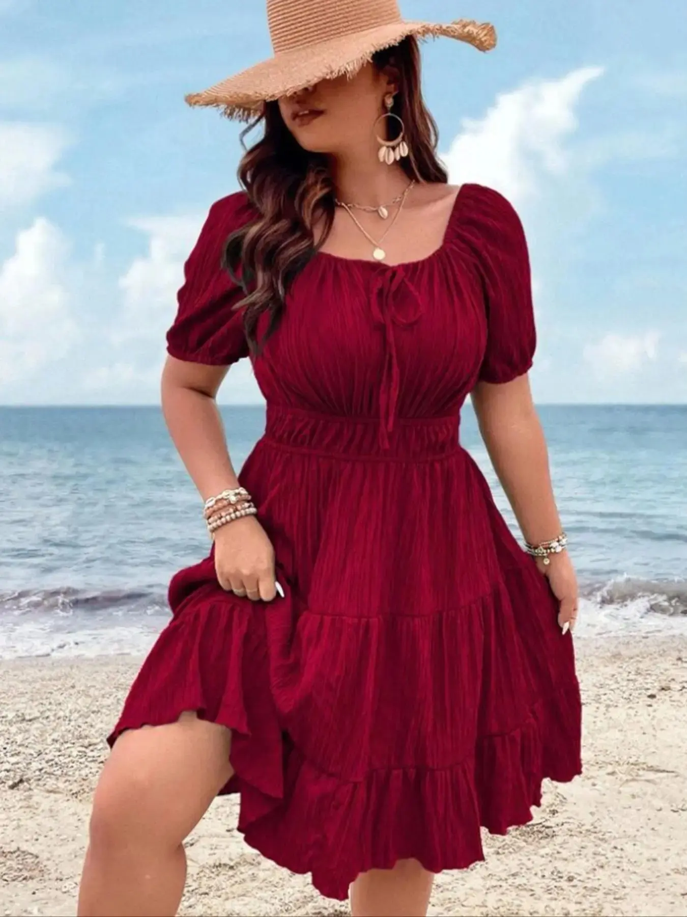 Plus Size Elegant Solid Tie Front Short Sleeve Dress, Summer Casual Beach Holiday Dress for Women, Beach Travel Dress