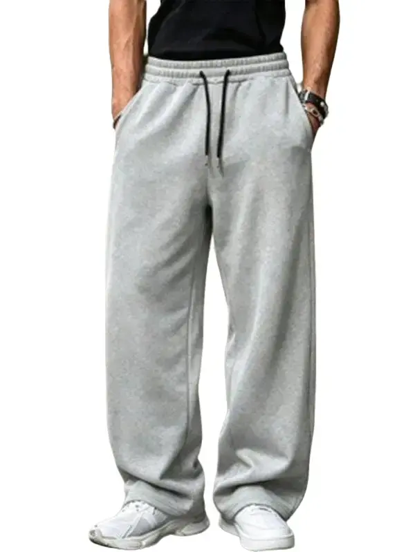 Men's Solid Color Uncuffed Sweatpants, Loose Fit Casual Sportswear Pants with Soft Drape, Drawstring and Pockets, Regular, Polyester, Men's Sweatpants, Relaxed Fit, Everyday, Sporty Chic, Athletic, Side Pockets, Basic
