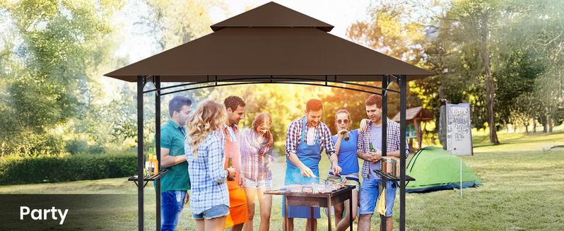 GVDV 8x5FT Grill Gazebo - Outdoor BBQ Canopy Shelter with 2 Side Shelves & Double-Tiered Top for Patio Backyard Grilling, Brown
