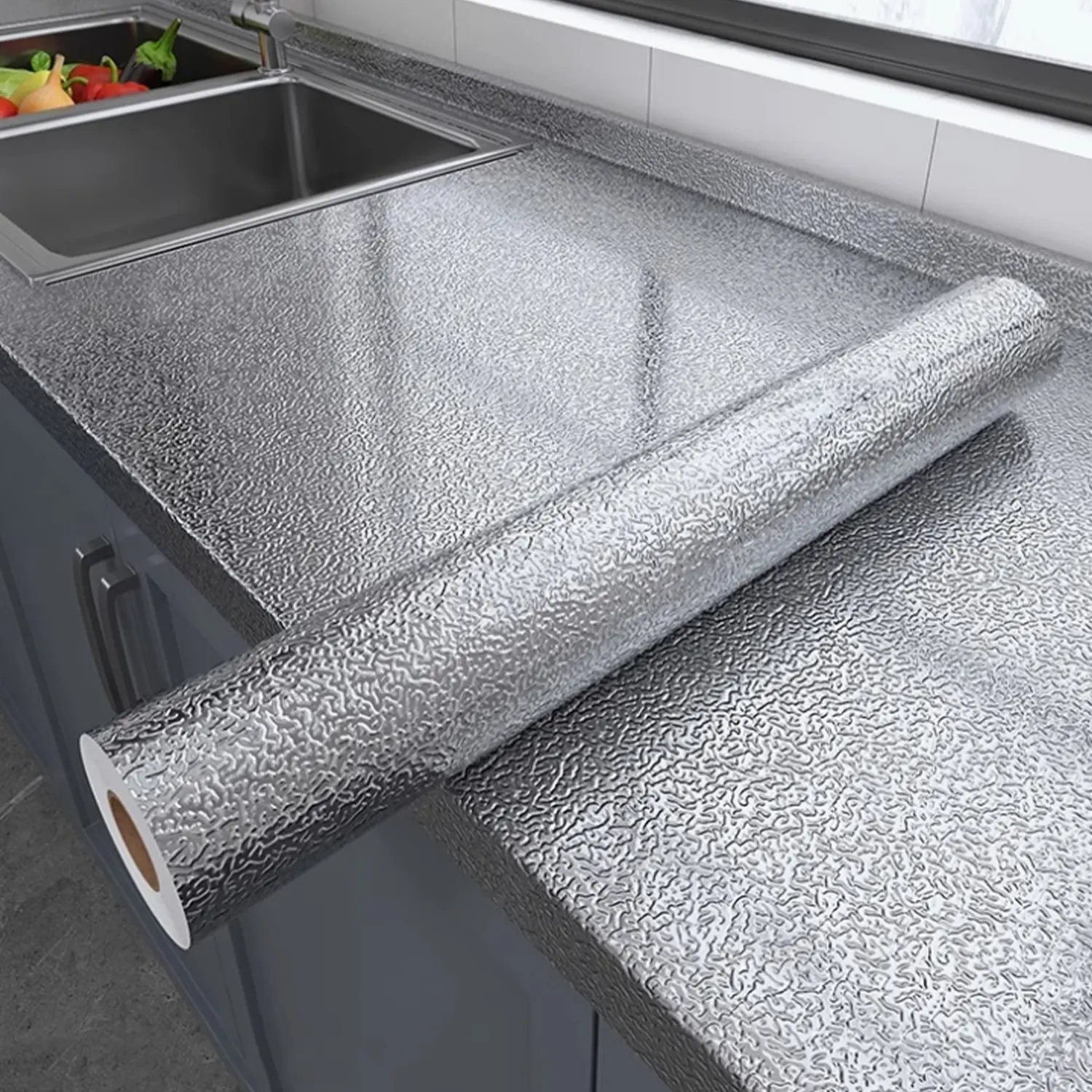 Self-Adhesive Aluminum Foil Kitchen Protection Film, Custom Size, Oil Resistant, Fireproof, Waterproof, Moisture Proof, Cabinet & Countertop Use, Kitchen Wallpaper Peel and Stick, Waterproof PVC, Installation