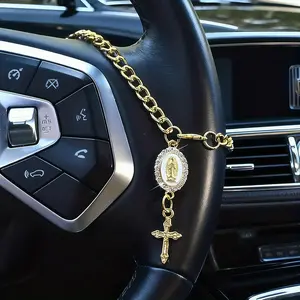 Steering Wheel Rosary Charm with Cross Pendant, Car Rearview Mirror Hanging Accessory, Religious Protection Auto Decor
