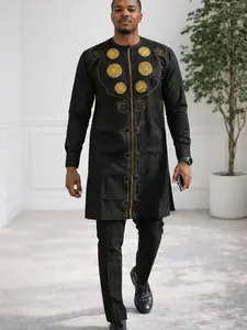 Men’s African Traditional Outfit – Black Agbada Style Senator Suit with Gold Embroidery