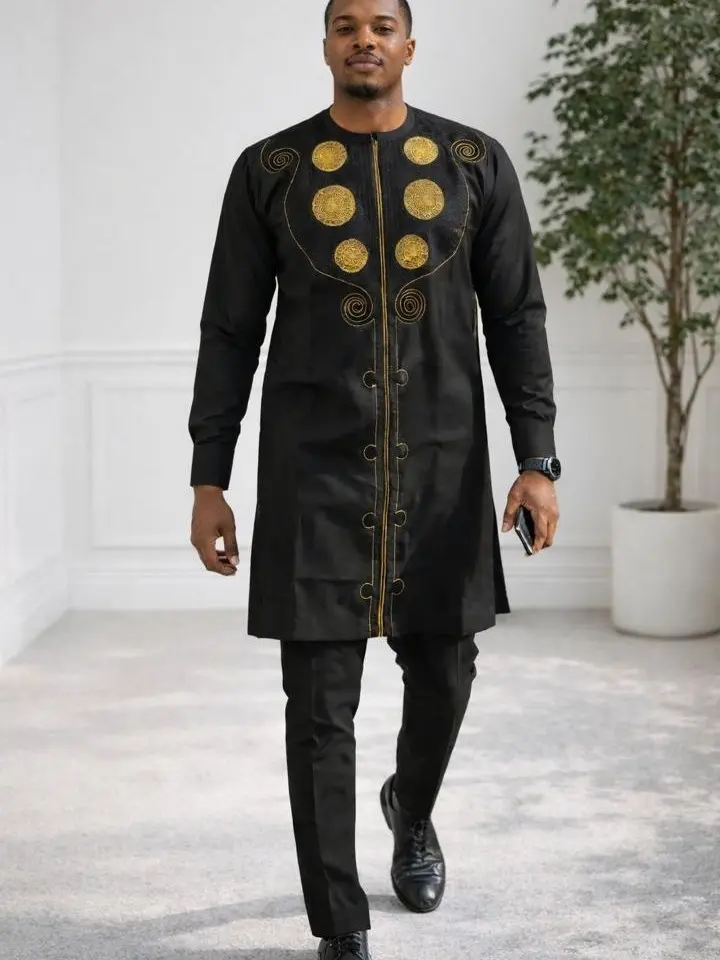 Men's Elegant Cultural Agbada-Style Senator Suit Set - Black Breathable Menswear with Gold-Embroidered Top and Matching Trouser