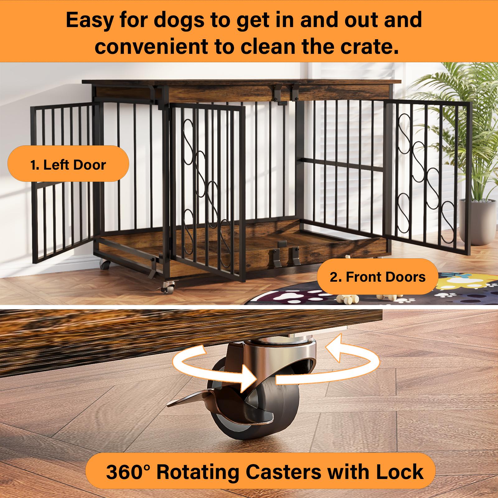 【TreasureFinds】COZPAW  Dog Crate Furniture 48 Inch Wooden Heavy Duty Dog Kennel with Lockable Wheels for Medium/Large Dogs, Three Doors Cage   (Brown)