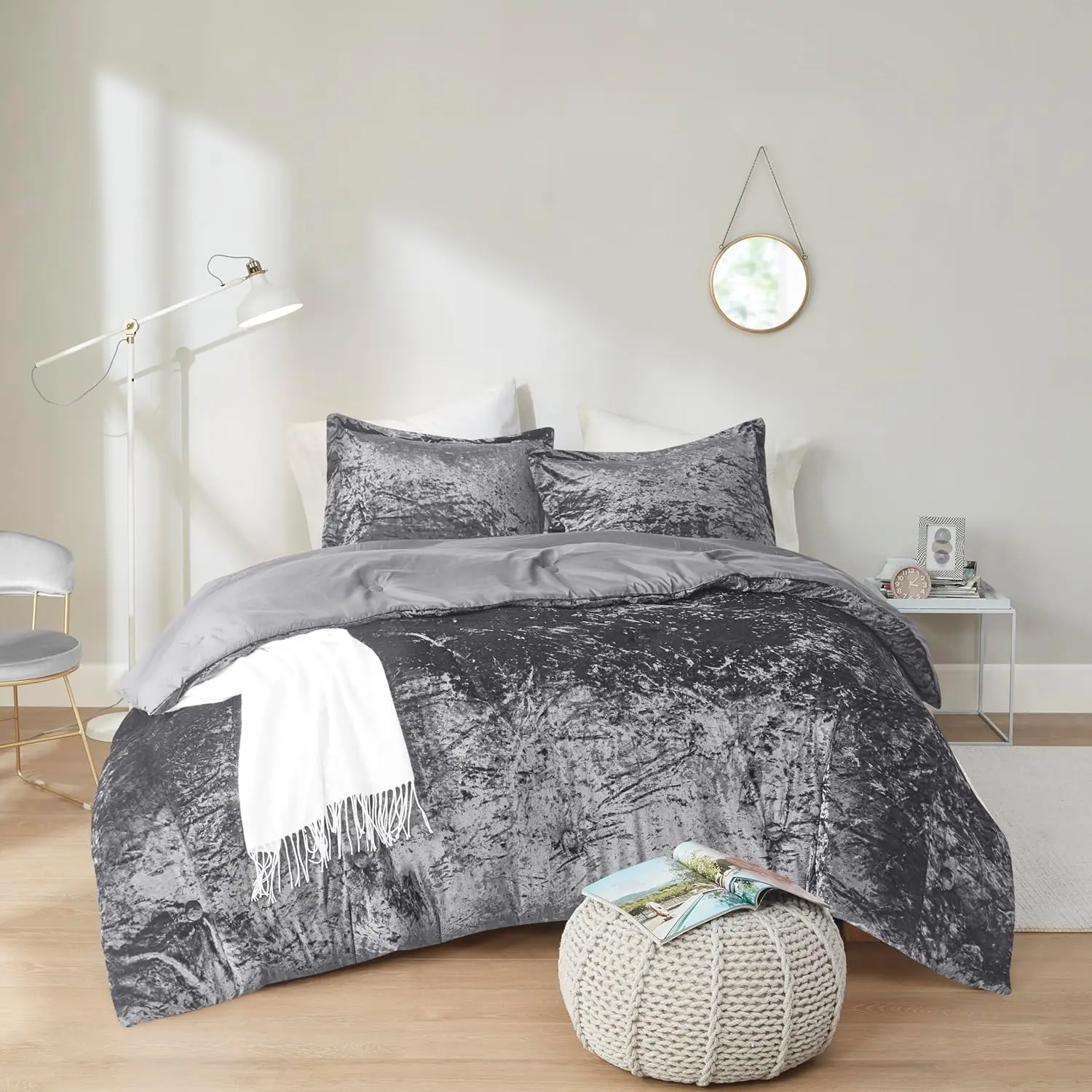 Juliette Luxe Comforter Set Velvet Lush with Soft Brushed Microfiber Reverse, All Season Cozy Velvet Bedding Sets, Comforter Bed Set, Matching Sham, Grey Twin/Twin XL 2 Piece