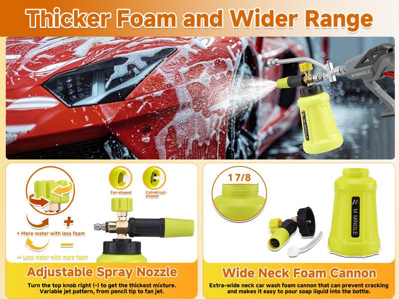 M MINGLE Pressure Washer Snow Foam Lance 1L 4000 PSI MAX 1/4" Quick Connector Adjustable Spray Nozzle for Car Wash, Motorcycle Detailing