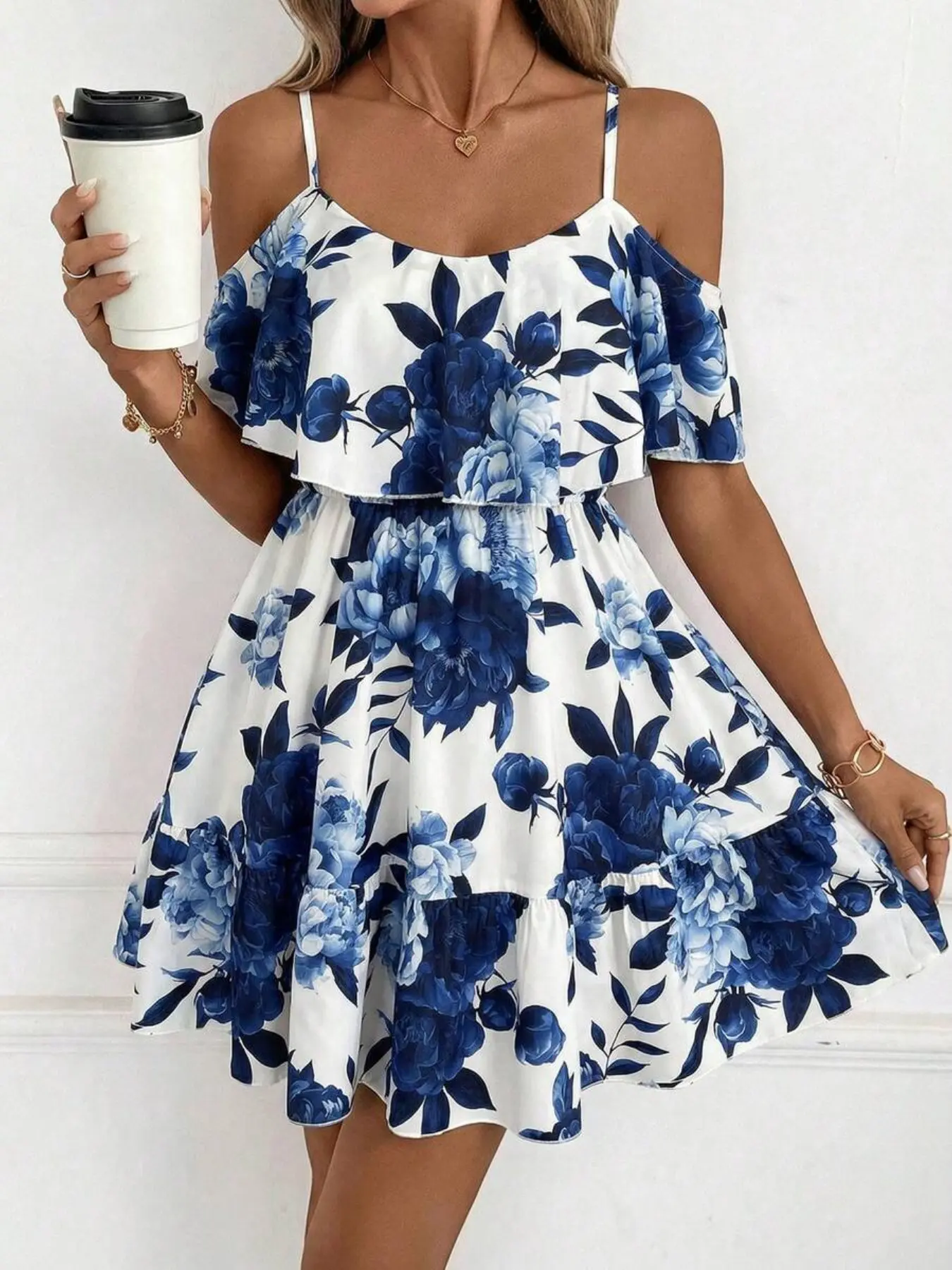 Women's Ruffle V-Neck Short Sleeve Thin Strap Ruffled Floral Dress, Elegant Lightweight Feminine Off-The-Shoulder Dress, Blue Beach Dress for Casual Summer Vacation & Party