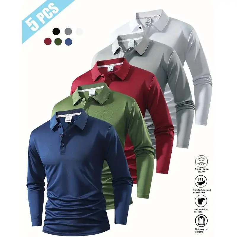 Men's 5-Pack 2026 High-Quality Fitted Long-Sleeve Stretch Solid Button Up Polo Shirts - Business Casual Tops